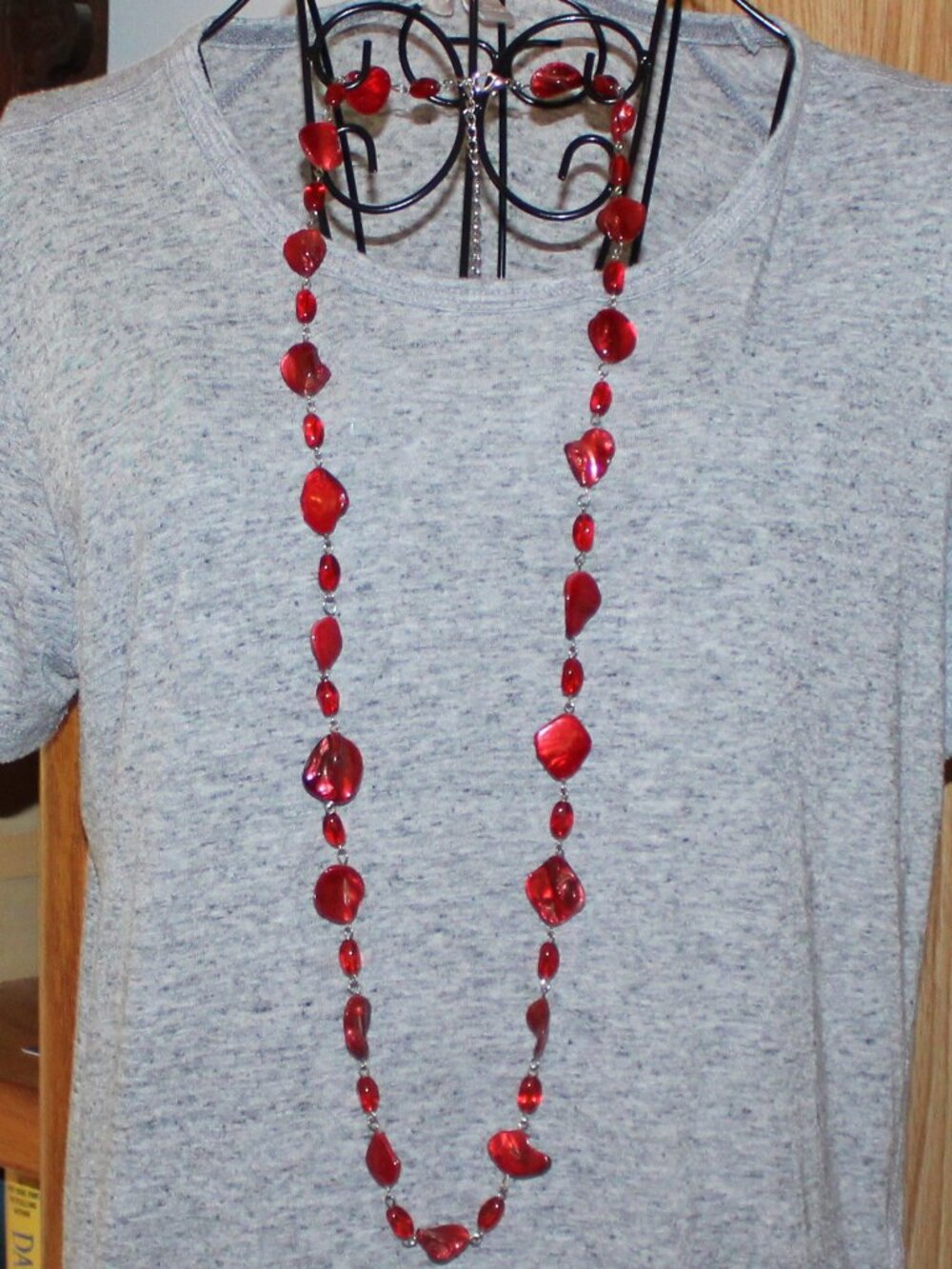 Bohemian Red Nugget Beaded Long Layering Necklace Silver Tone Chain 36 Inches